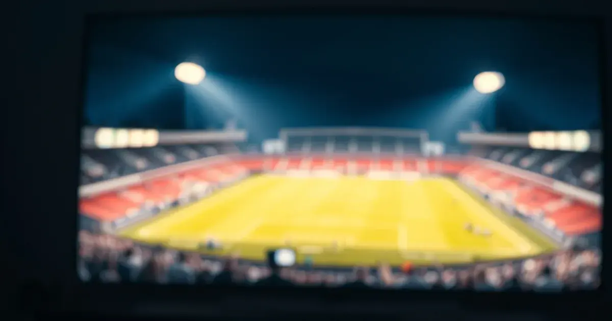 A small Android TV box glowing on a media console with a football match playing on the TV screen above it in a dark, cinematic room