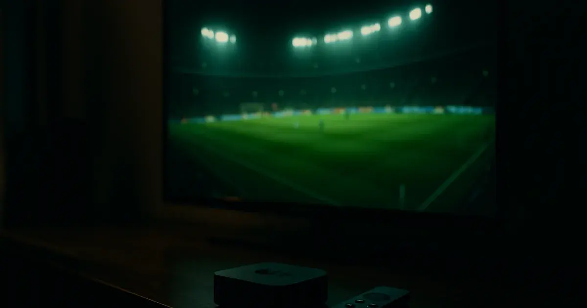 Apple TV 4K box and remote on a console beneath a television glowing with the reflected light of a live floodlit football match, dark cinematic living room at night