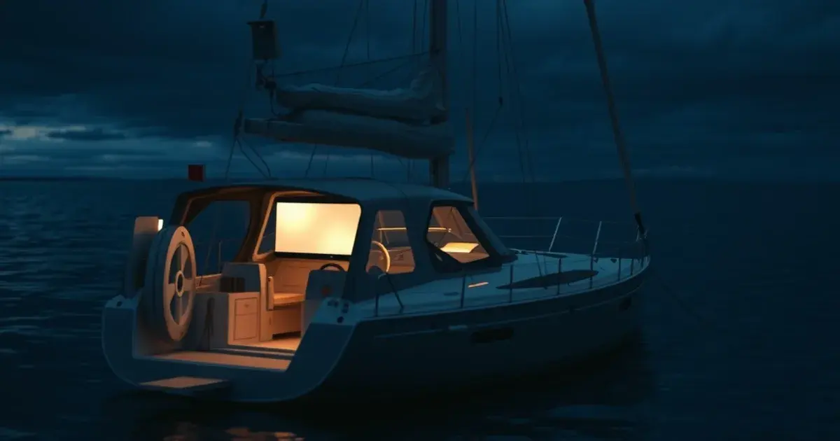 A sailboat anchored at dusk with a satellite antenna mounted on the stern, warm screen light glowing from the cabin below as calm dark water surrounds the boat.