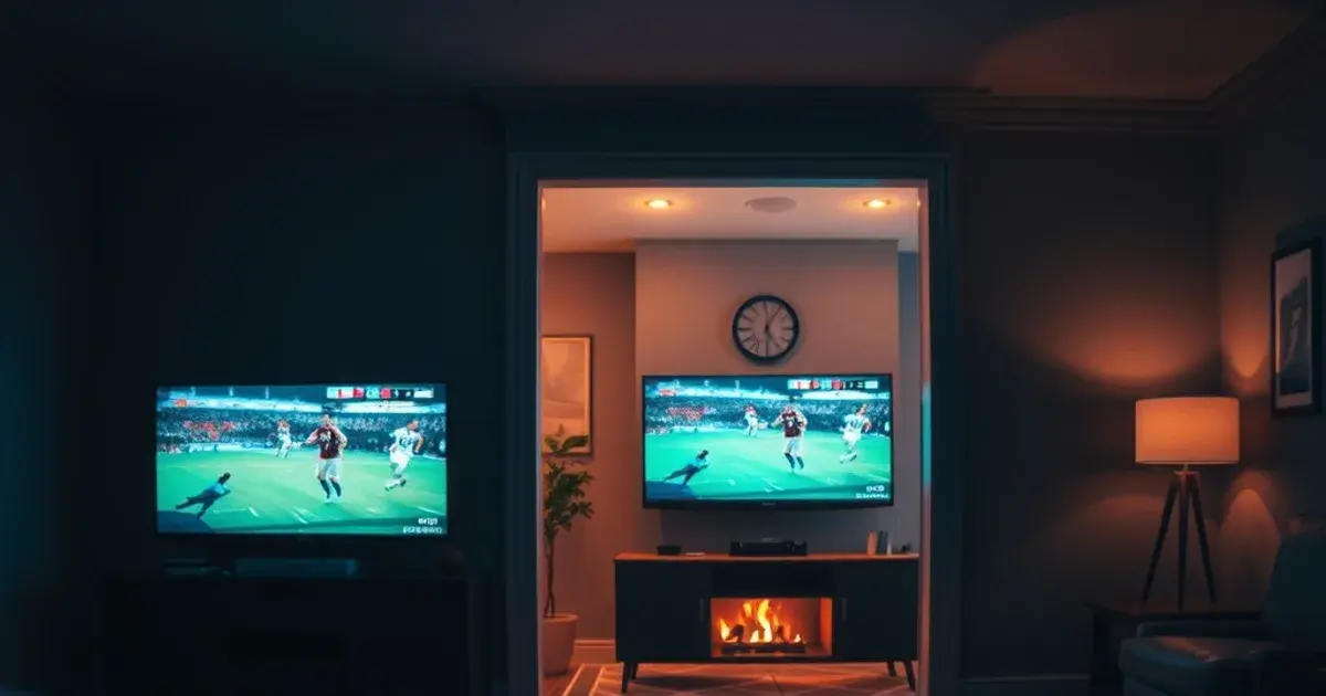 Two TVs in adjoining rooms of a home glowing with different live football matches at dusk