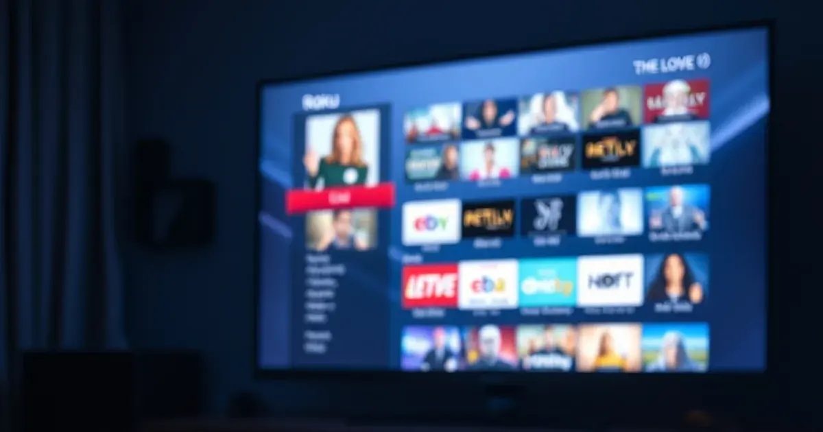 A Roku streaming device and remote on a media console in a dim living room, with a television displaying a live IPTV channel grid