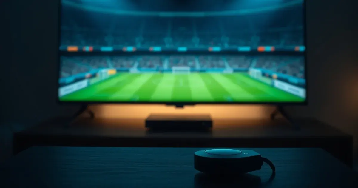 A Chromecast with Google TV dongle plugged into a television in a dark living room, the screen's glow reflecting a football pitch