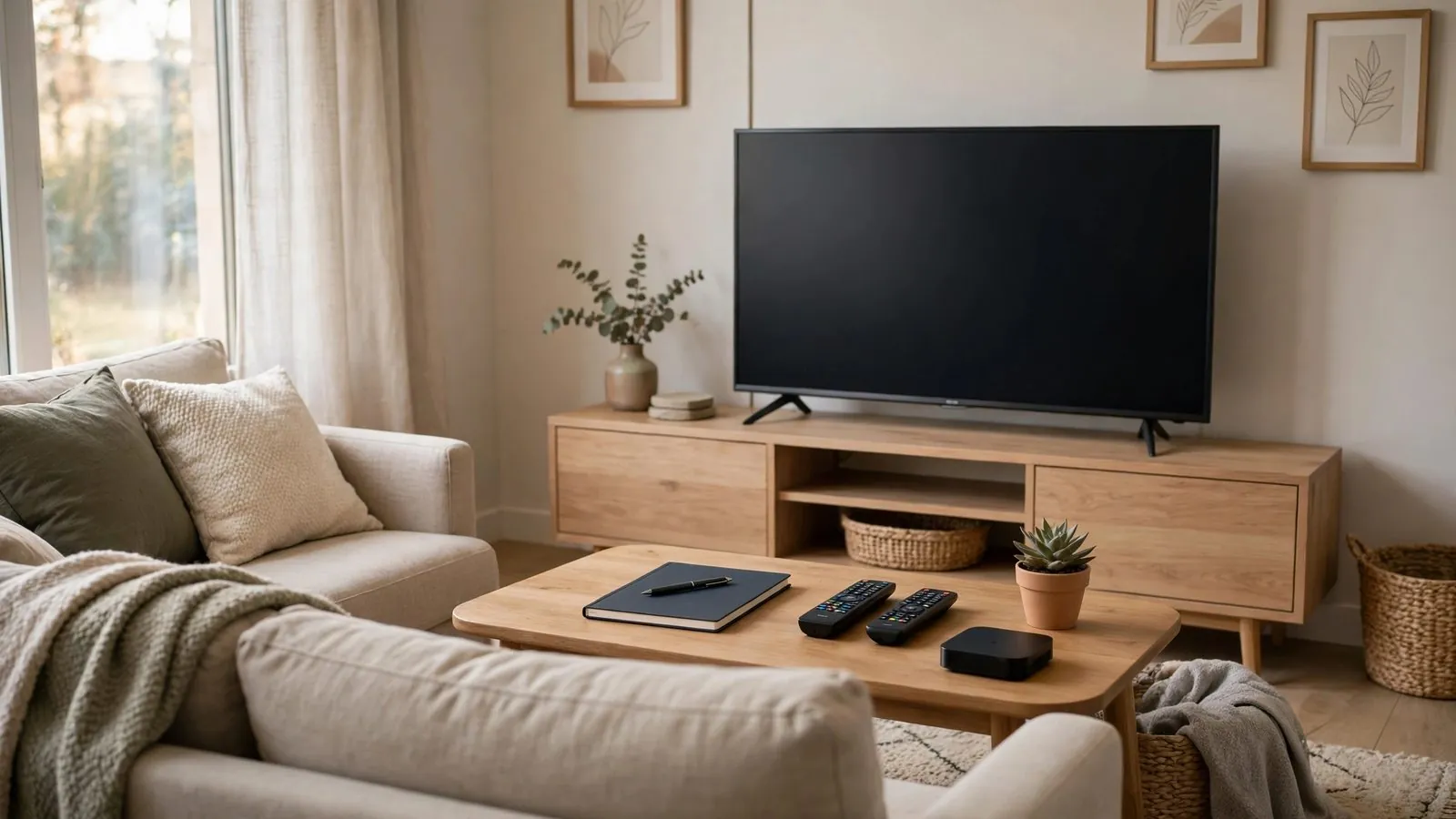 Quiet living room setup with a comfortable sofa and switched-off TV screen.