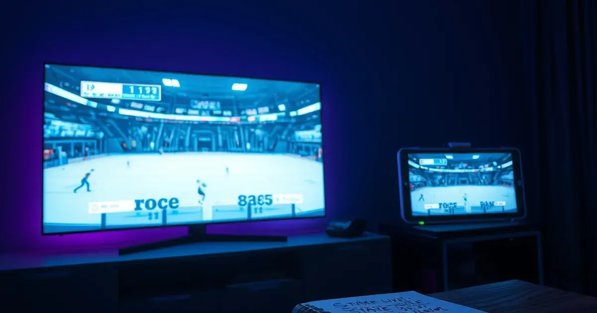 A dark navy living room at night, a large flat-screen TV frozen mid-frame on a tense overtime sports scoreboard with a small on-screen freeze icon, a second phone screen beside it showing a smooth stable live stream for comparison, electric purple and cyan glow lighting the room, a stopwatch and a notebook with handwritten test notes on the coffee table in the foreground, cinematic photographic mood, no readable text or logos