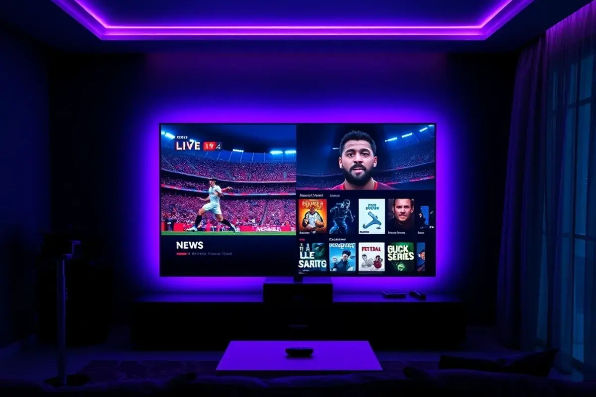 A large TV showing live sport, news and a movie library side by side, electric purple and cyan glow in a dark room